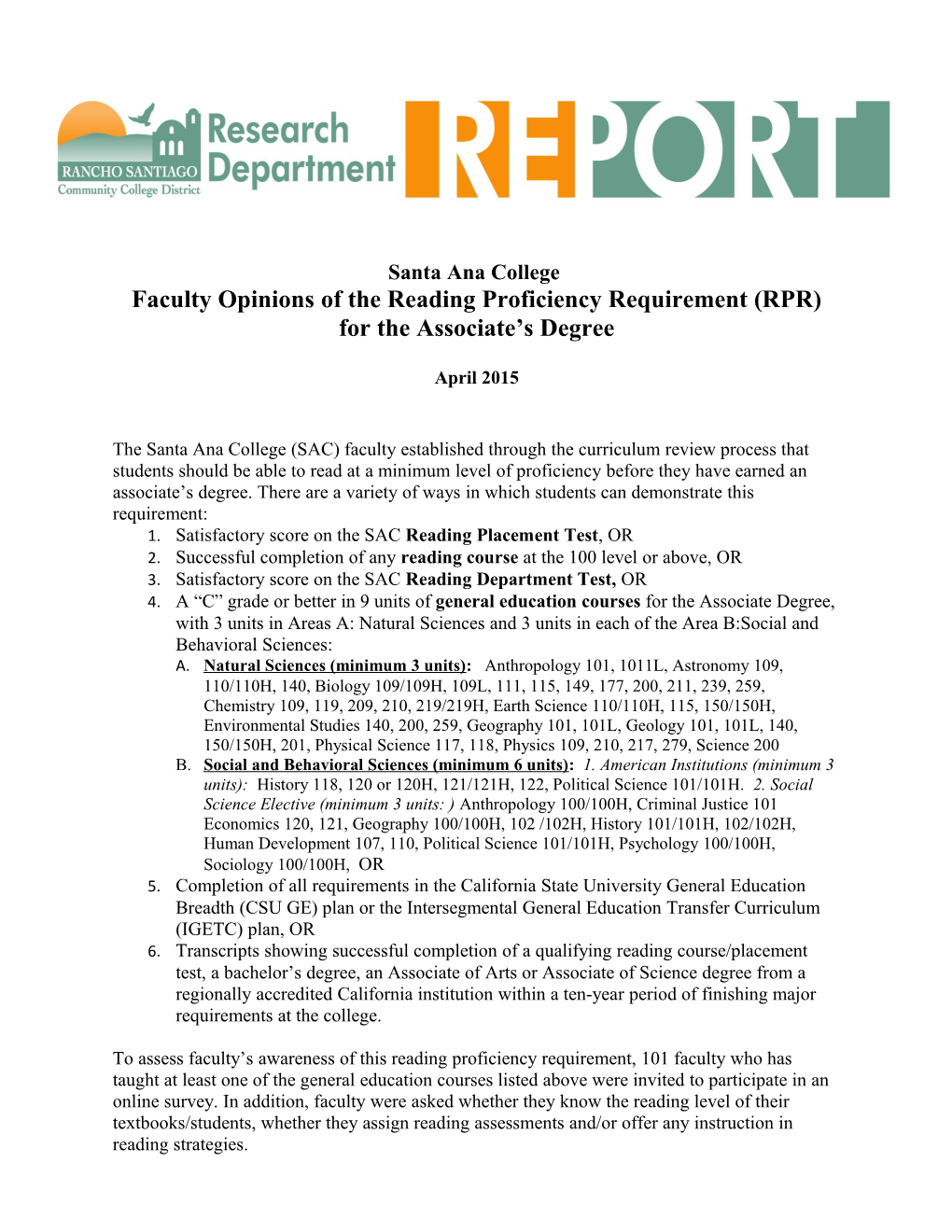 Faculty Opinions of the Reading Proficiency Requirement (RPR)