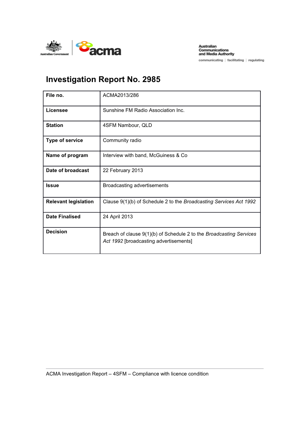 Investigation Report No. 2985