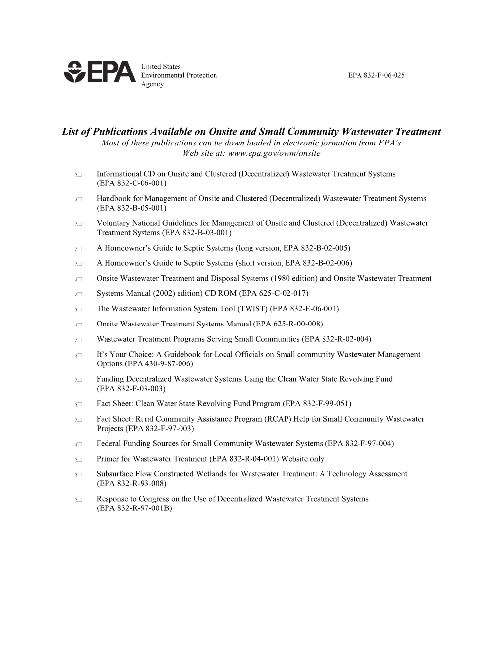 List of Publications Available Ononsite and Small Community Wastewater Treatment