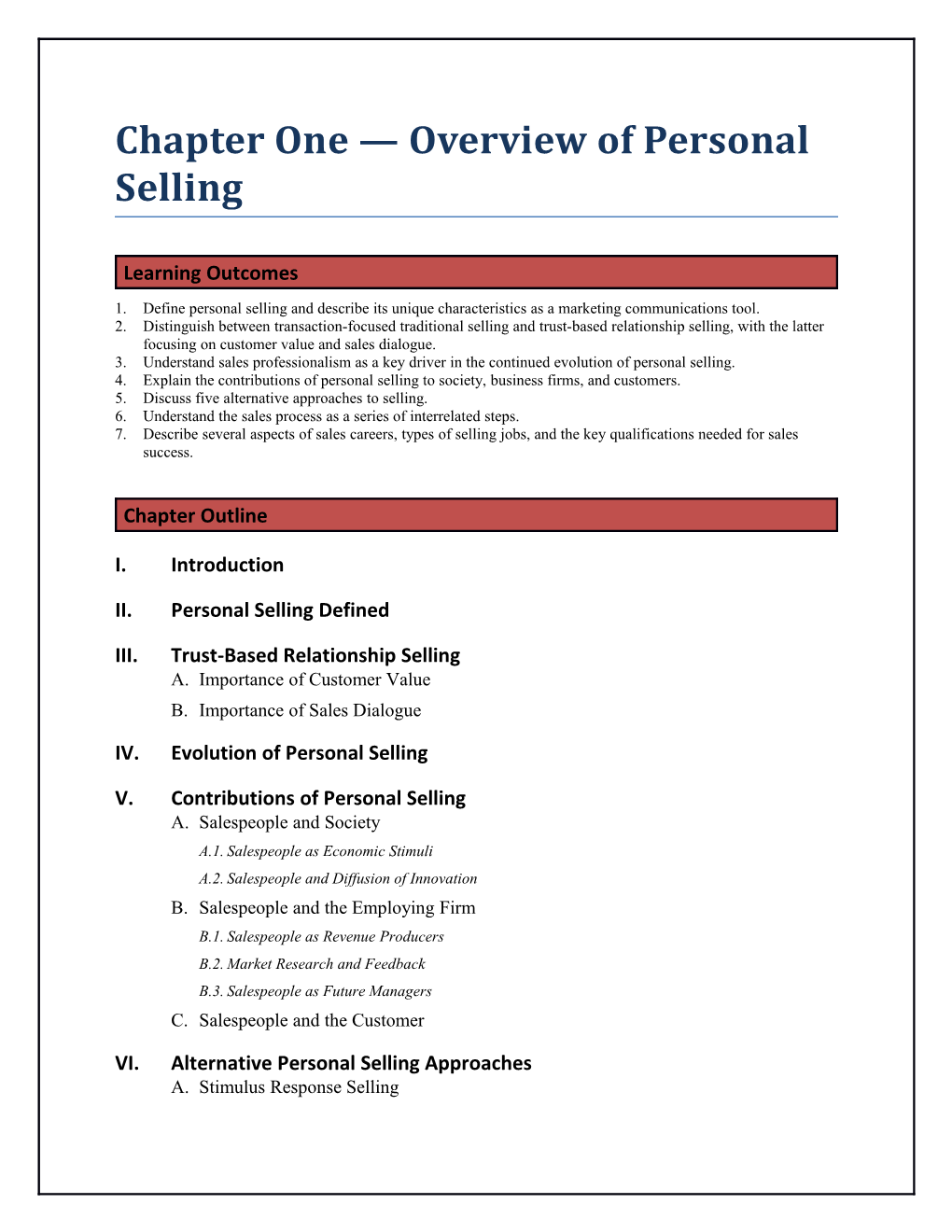 Chapter One Overview of Personal Selling