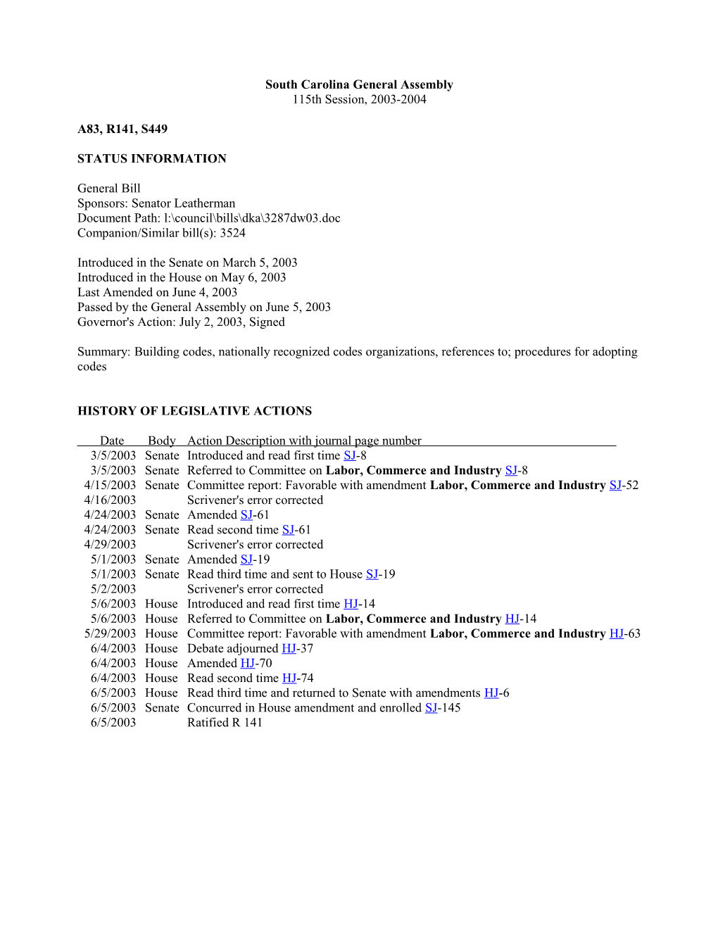 2003-2004 Bill 449: Building Codes, Nationally Recognized Codes Organizations, References