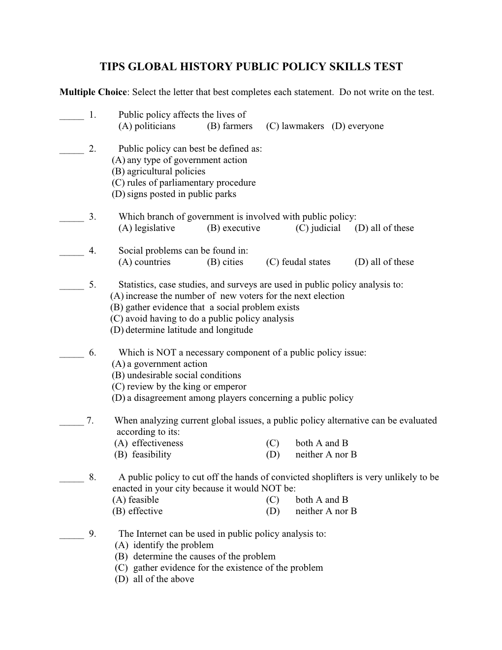 Public Policy Skills Test