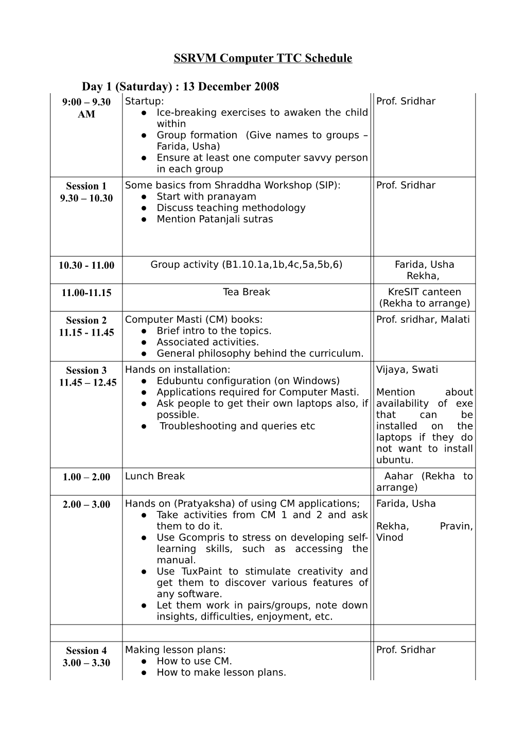 SSRVM Computer TTC Schedule