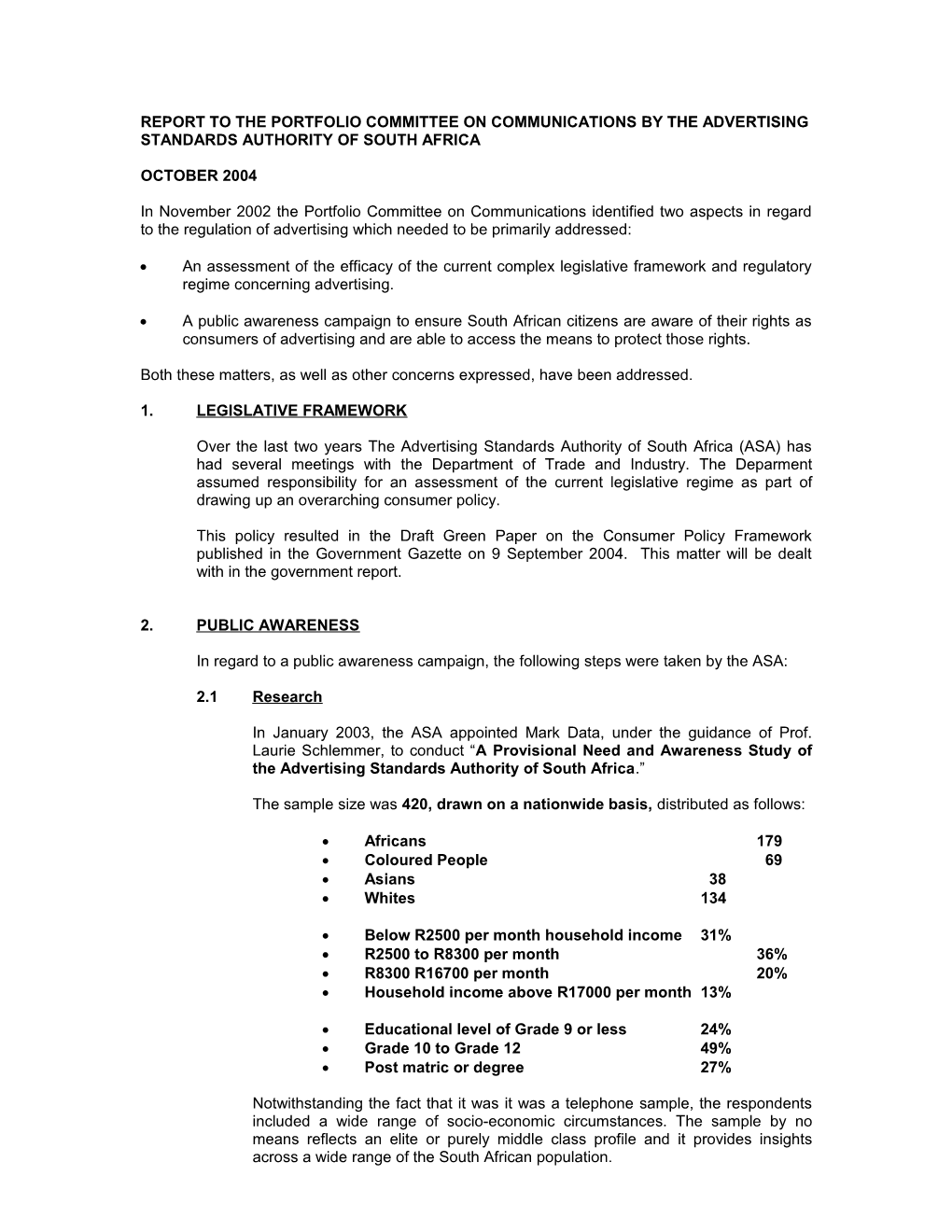 Report to the Portfolio Committee on Communications by the Advertising Standards Authority