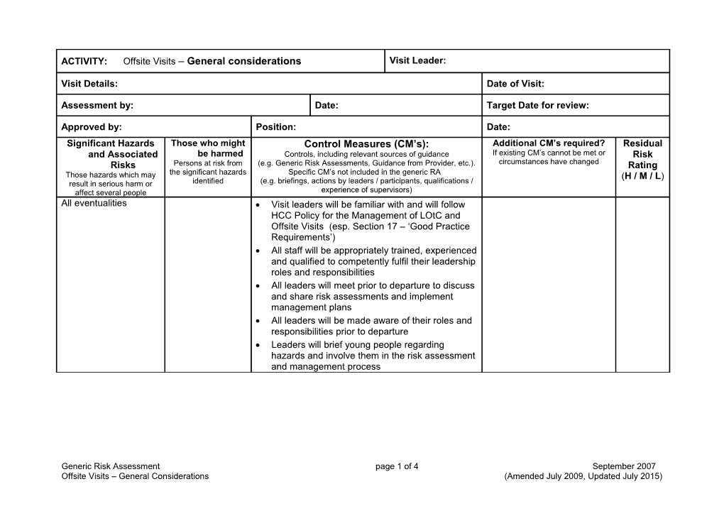 Risk Assessment Form OV4- General Considerations