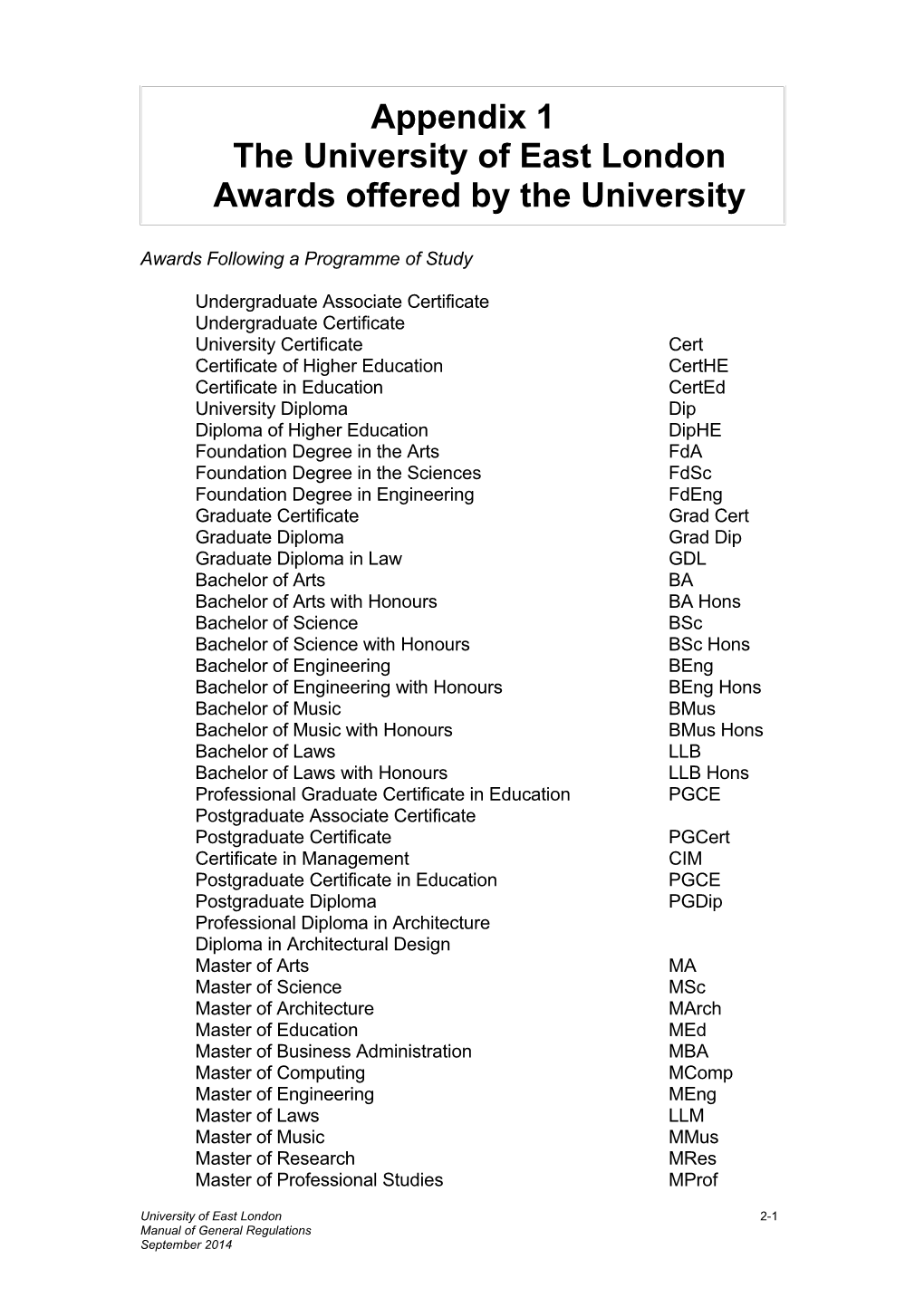 Appendix 1The University of East Londonawards Offered by the University