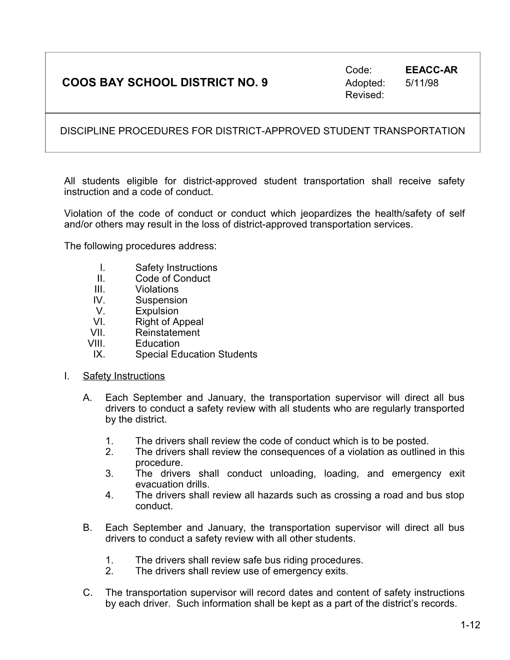 Discipline Procedures for District-Approved Student Transportation - Eeacc-Ar