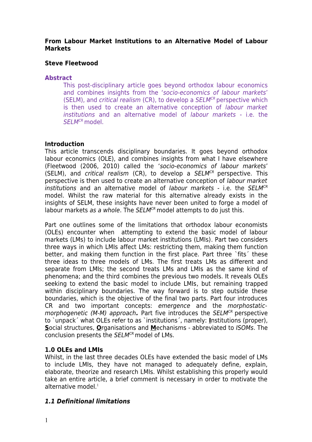 From Labour Market Institutions to an Alternative Model of Labour Markets