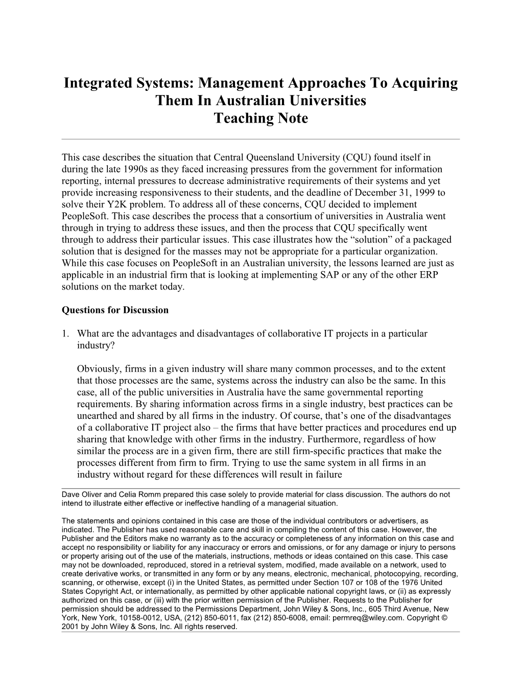 Integrated Systems: Management Approaches to Acquiring Them in Australian Universities