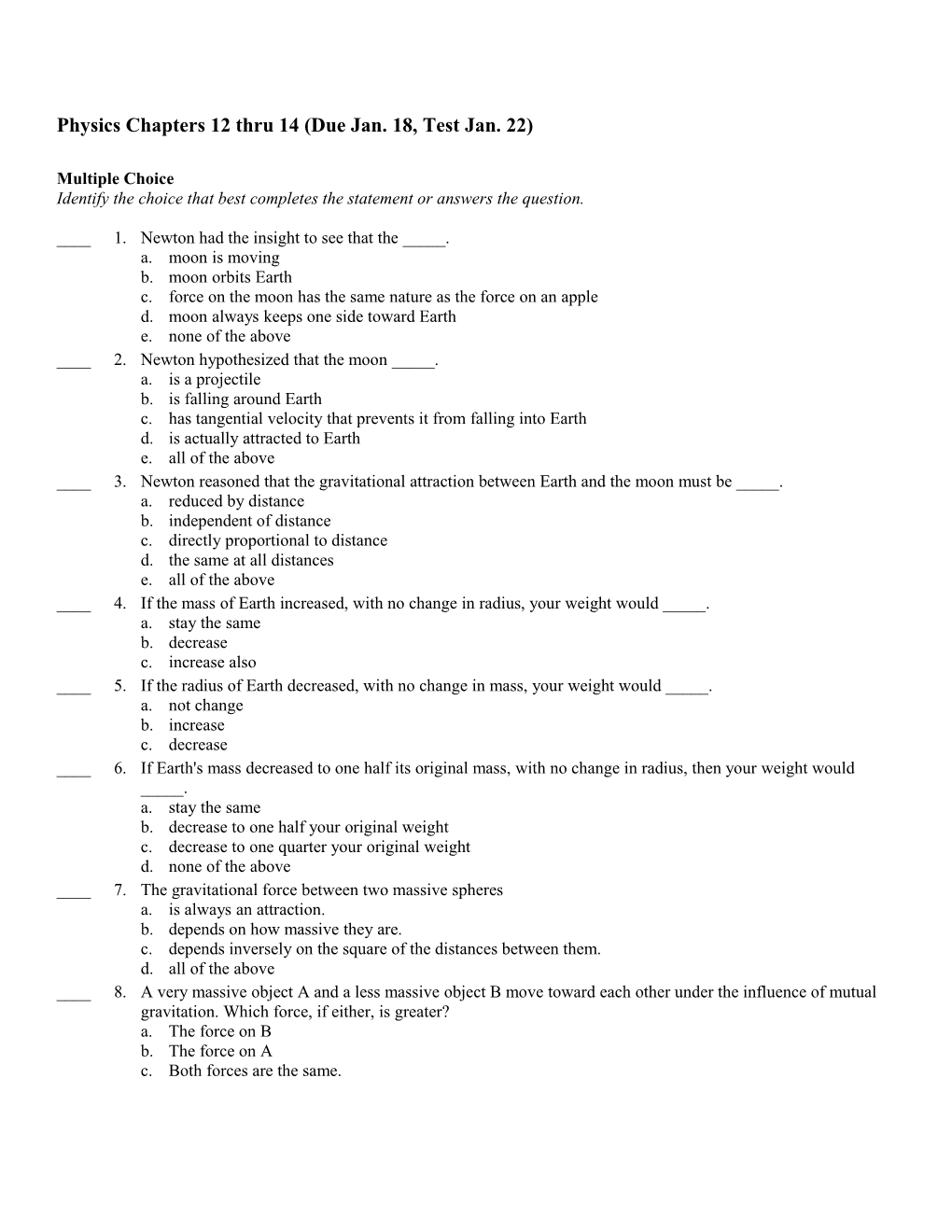 Physics Chapters 12 Thru 14 (Due Jan