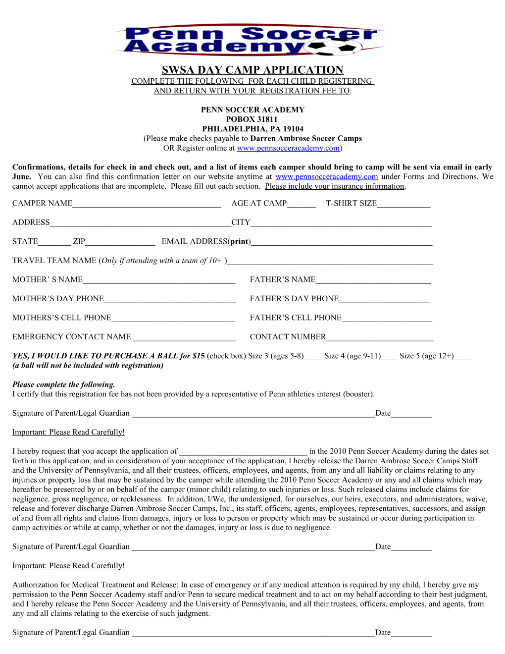 Swsa Day Camp Application