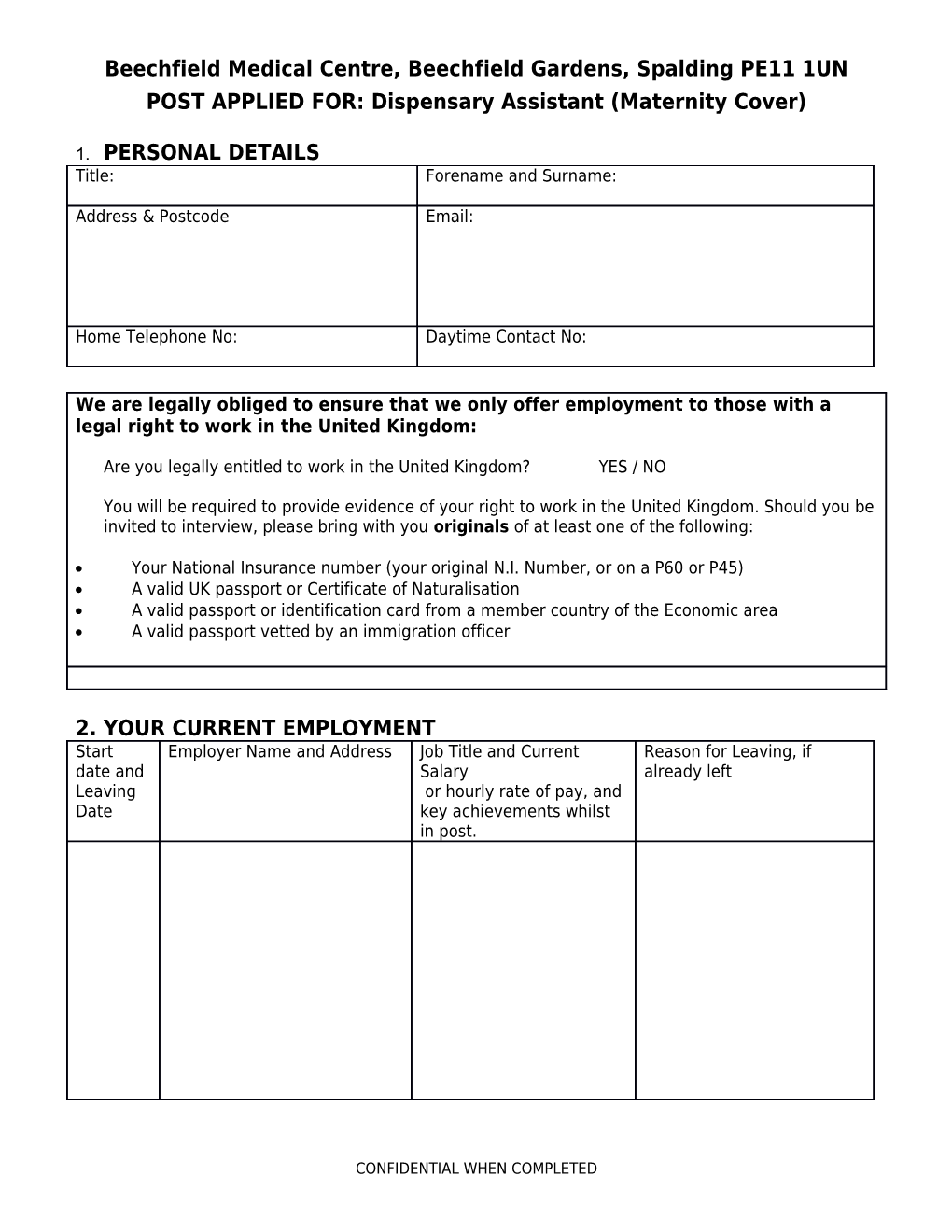 The Guildhall & Barrow Surgery - Job Application Form