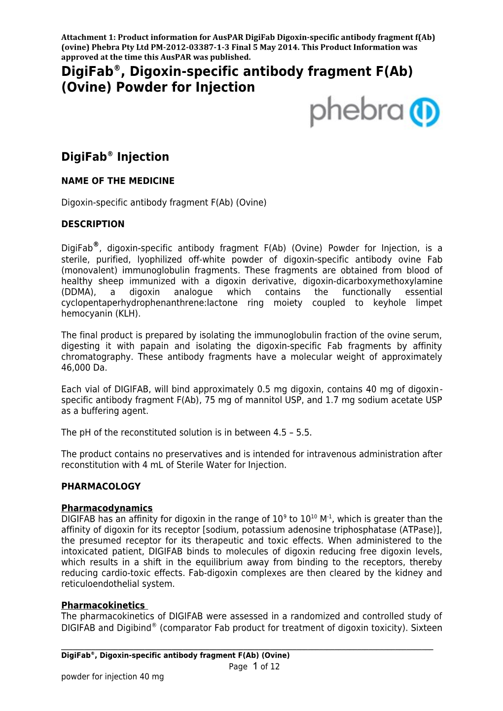 Attachment 1. Product Information for Digoxin-Specific Antibody Fragment F(Ab) (Ovine)