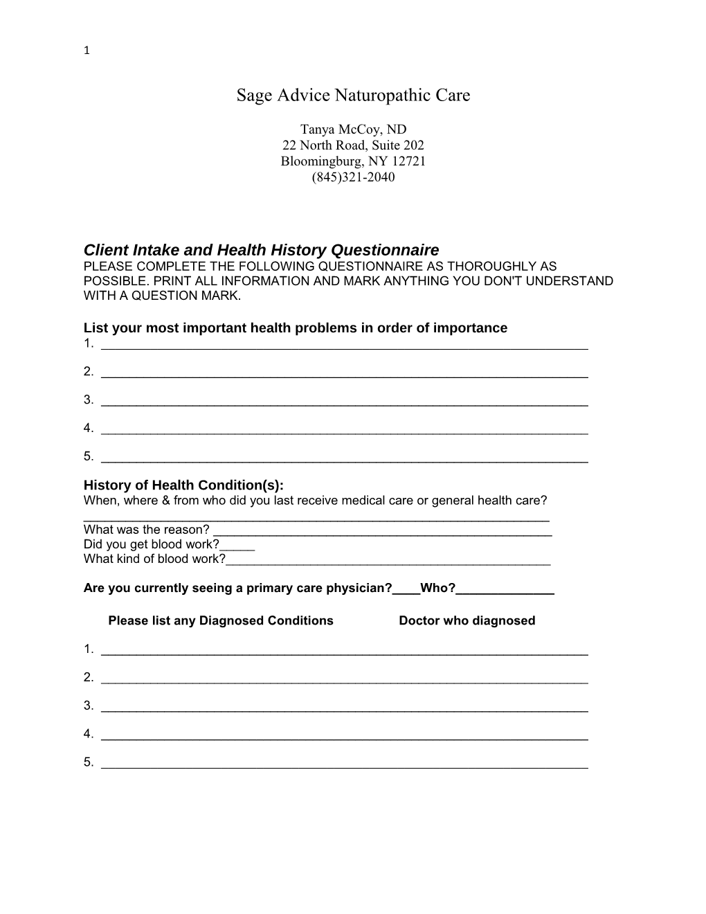 Client Intake and Health History Questionnaire