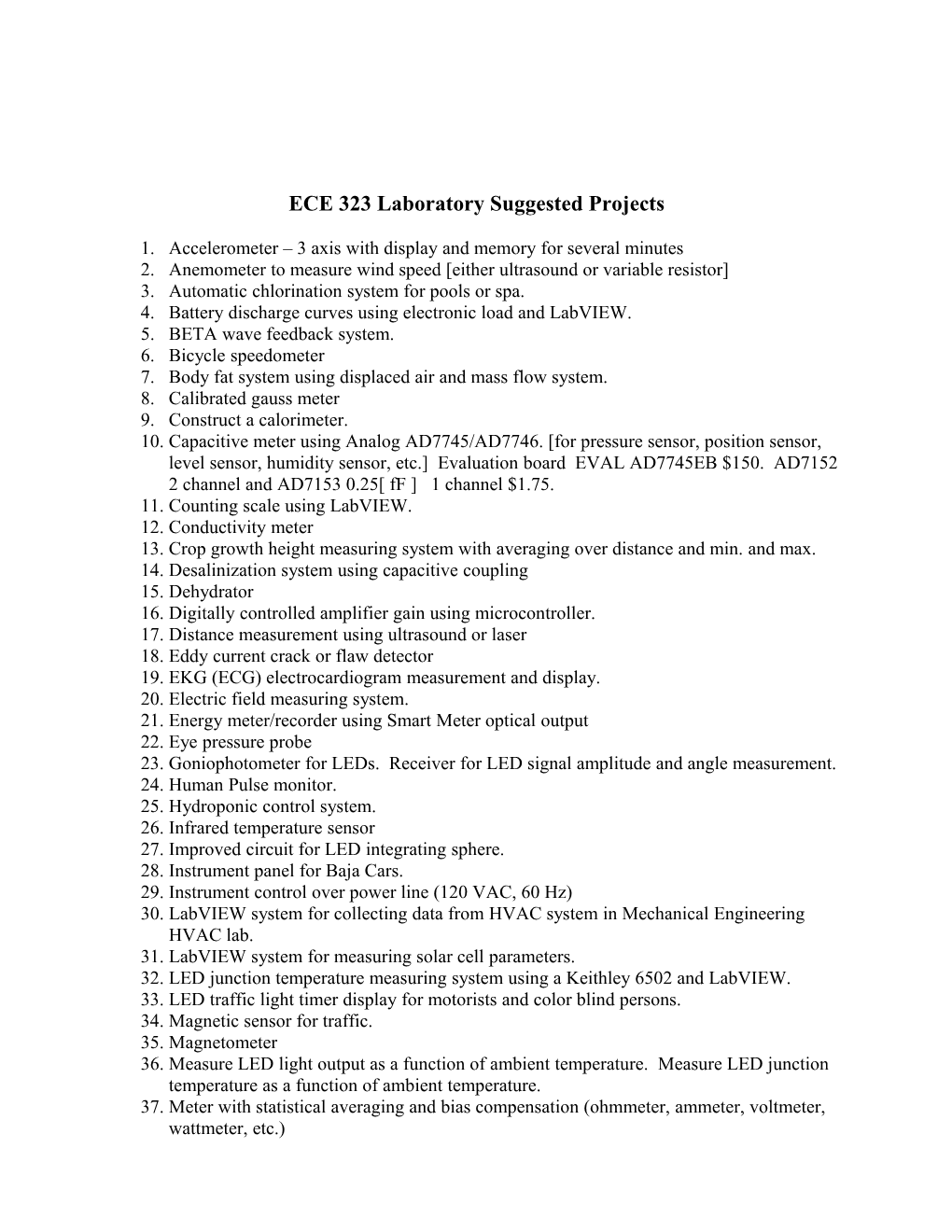 ECE 323 Laboratory Suggested Projects