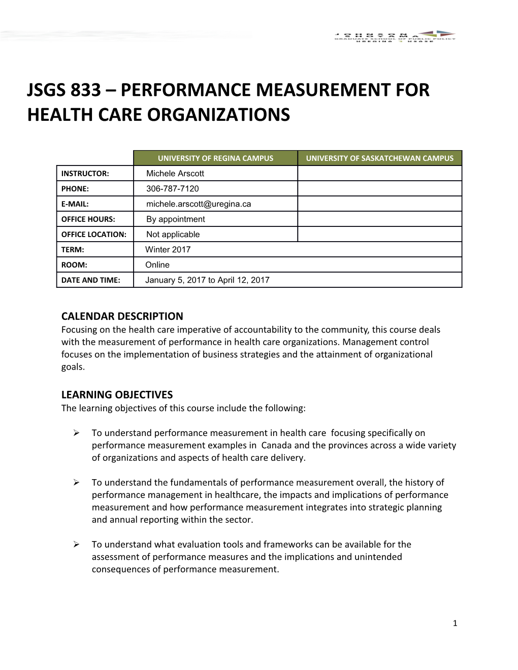 JSGS 833 Performance Measurement for Health Care Organizations