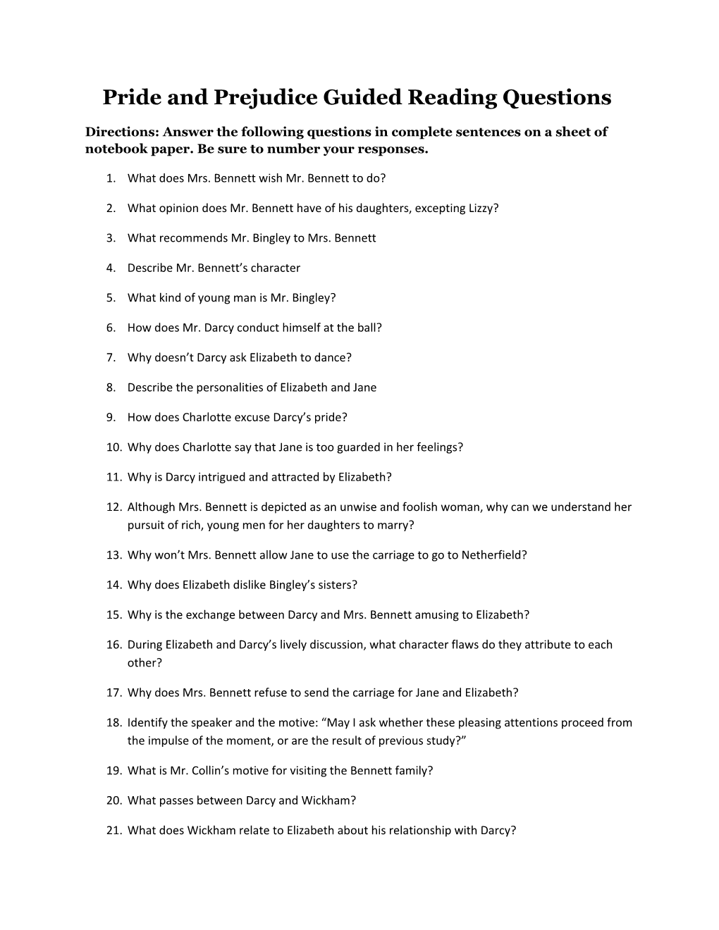 Pride and Prejudice Guided Reading Questions