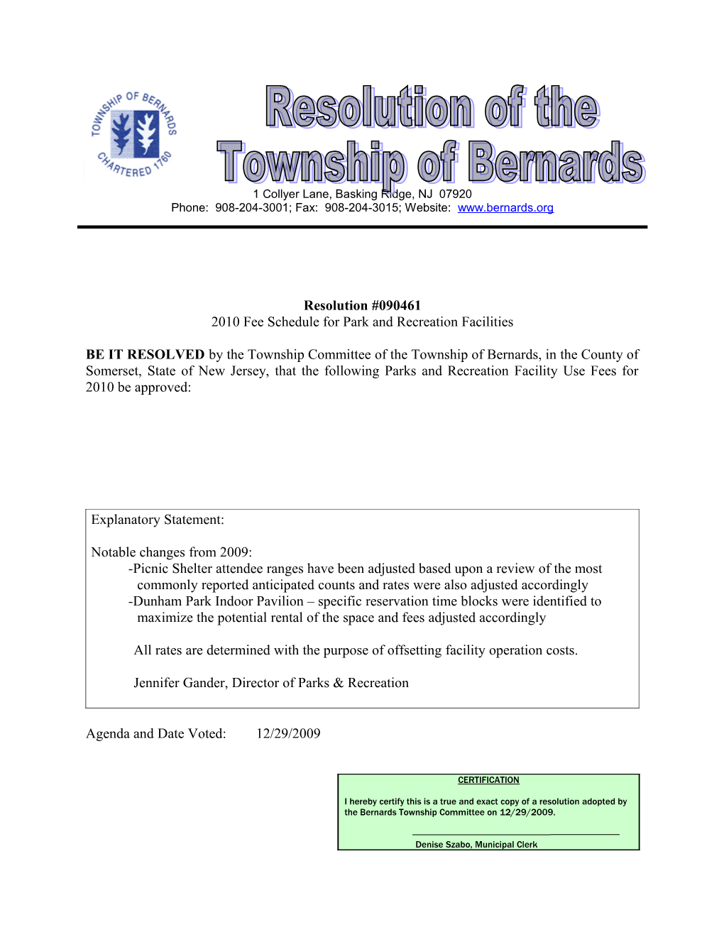 2010 Fee Schedule for Park and Recreation Facilities