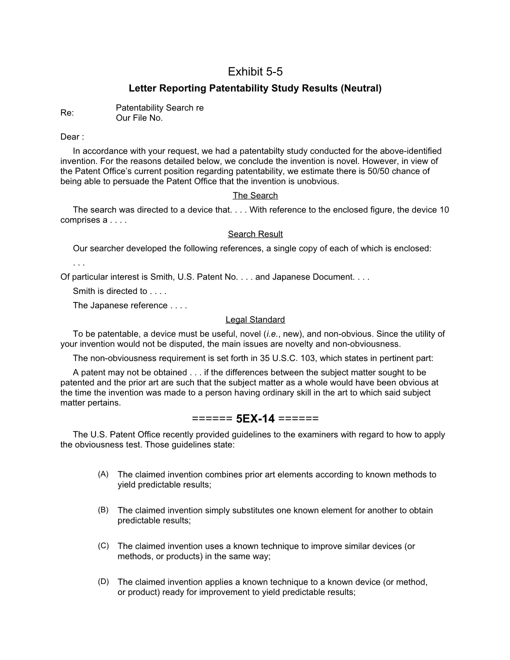 Letter Reporting Patentability Study Results (Neutral)
