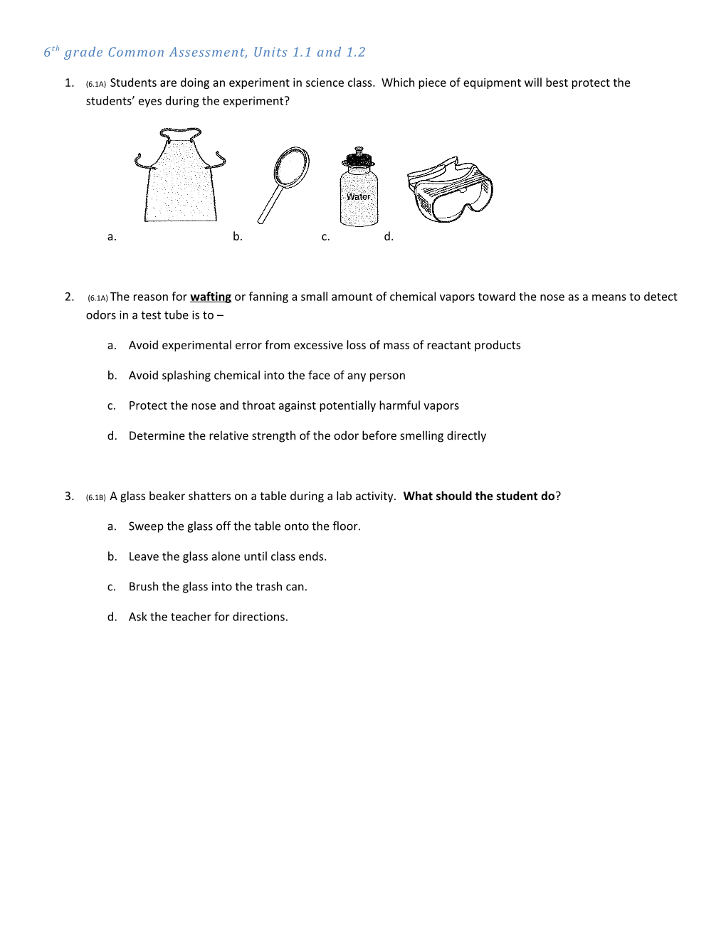 6Th Grade Common Assessment, Units1.1 and 1.2