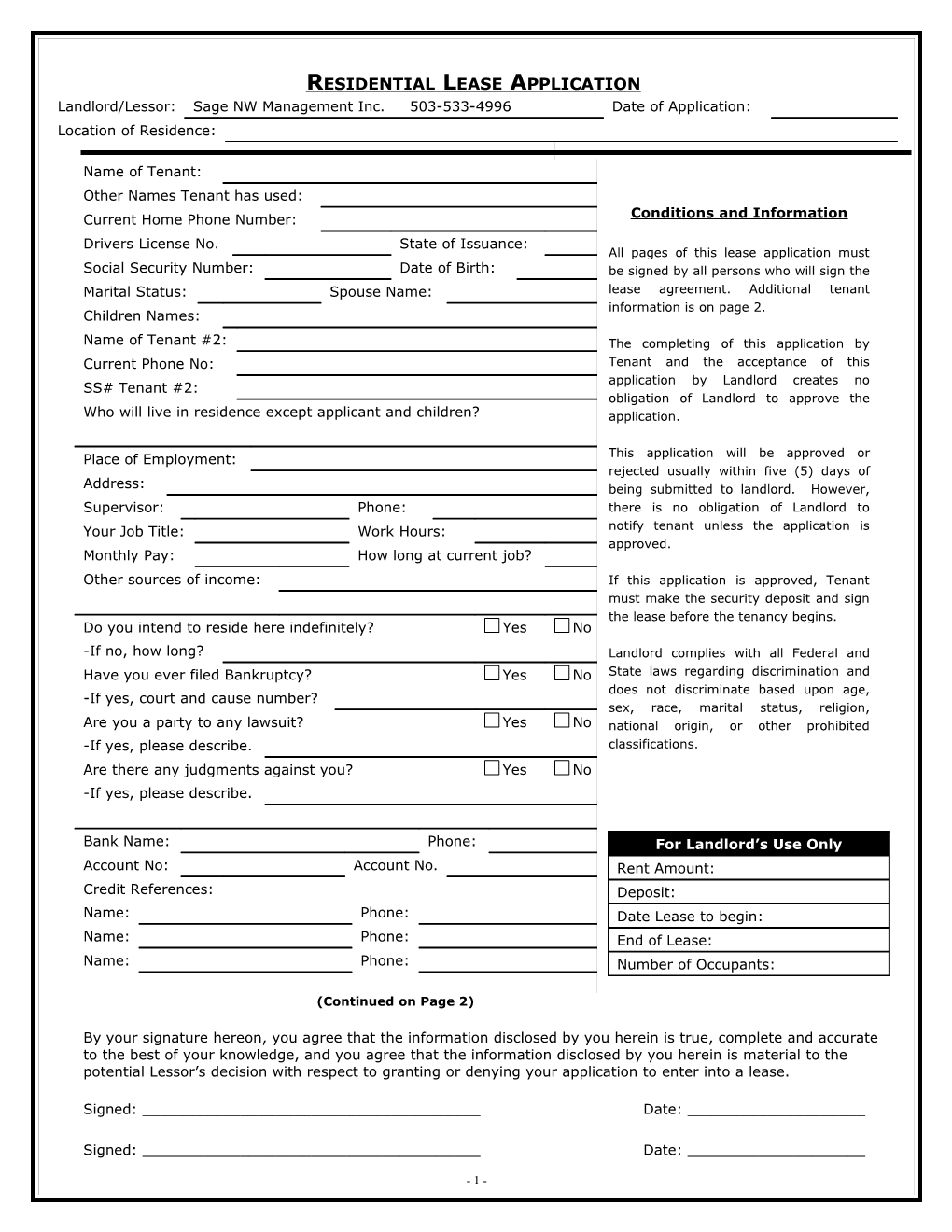 Application for Residential Lease