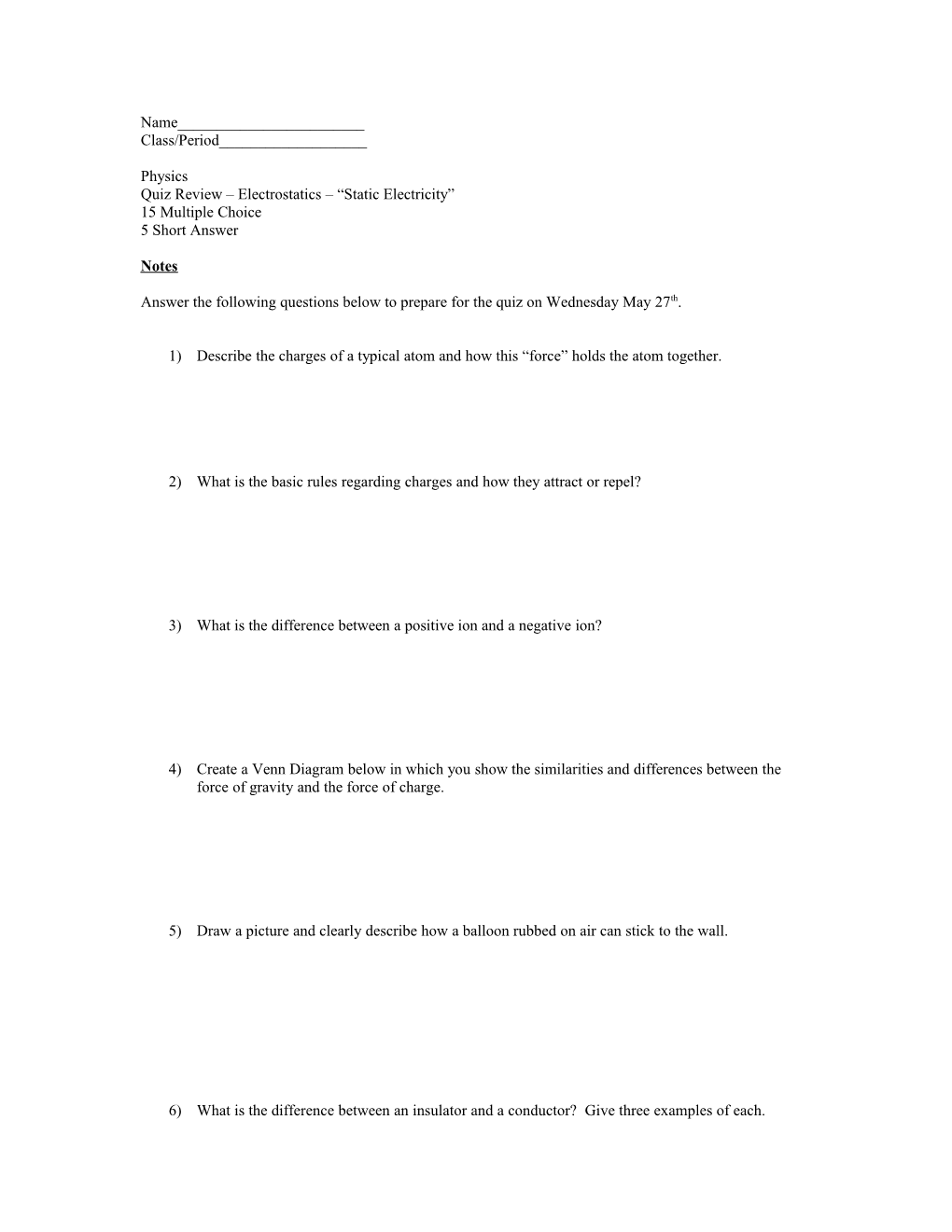 Quiz Review Electrostatics Static Electricity