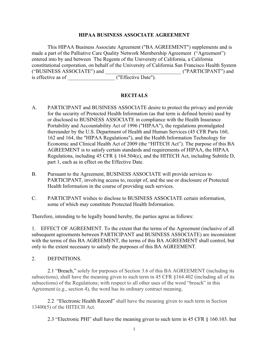 Reverse Business Associate Agreement Template