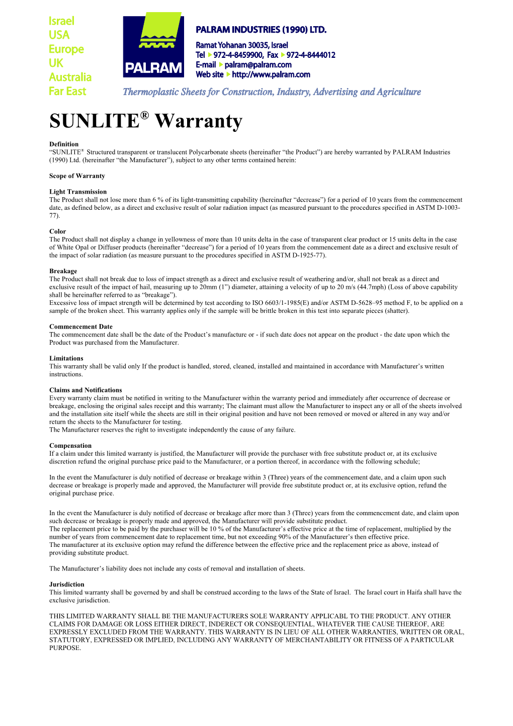 SUNLITE Warranty