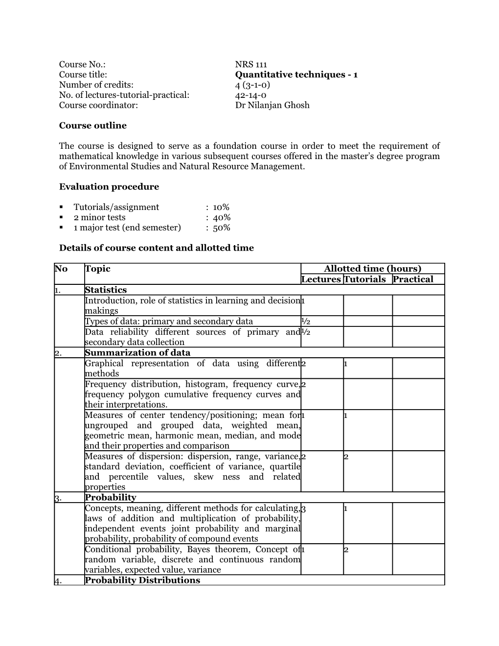 Course Title: Quantitative Techniques - 1