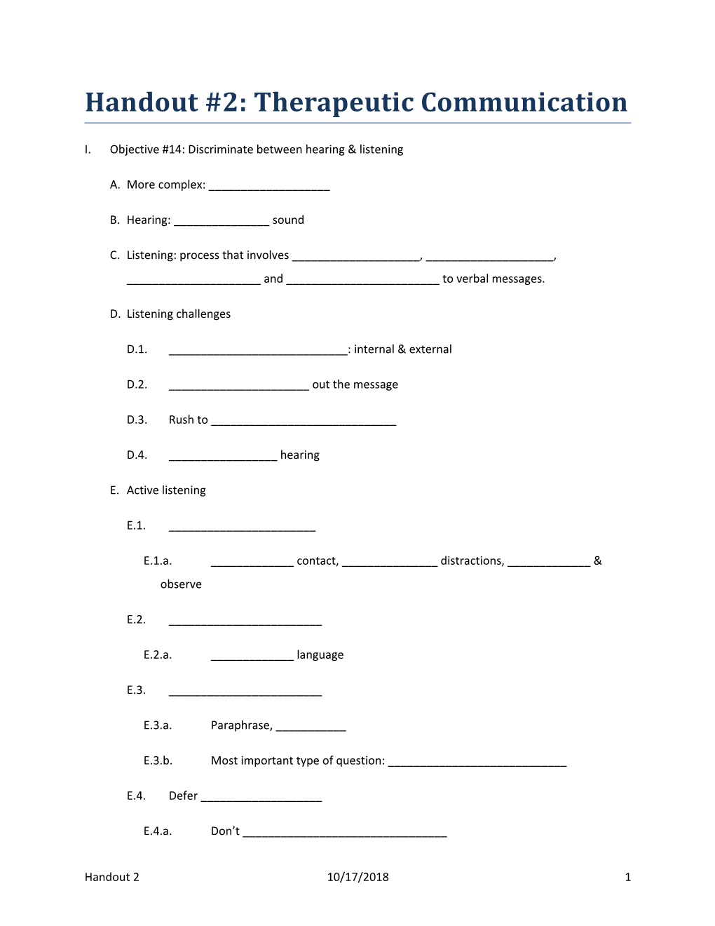 Handout #2: Therapeutic Communication