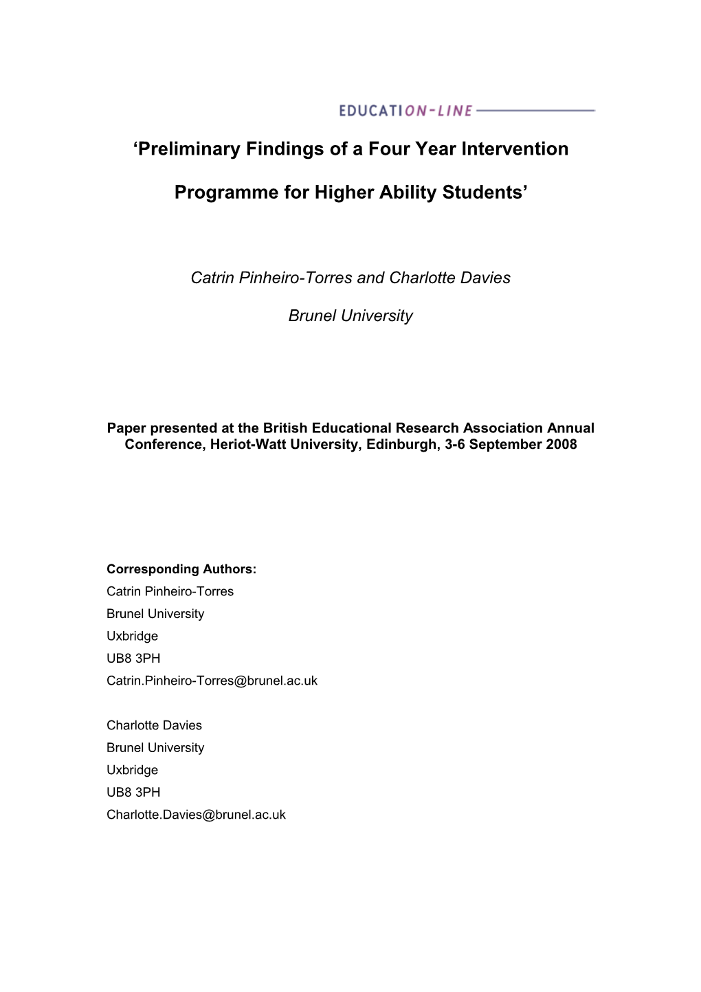 Preliminary Findings of a Four Year Intervention Programme for Highre Ability Students