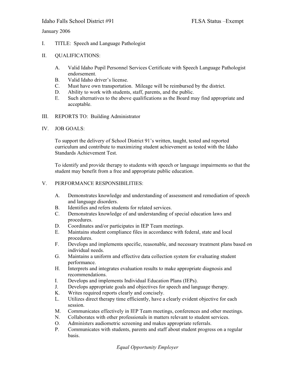 Idaho Fallsschool District #91FLSA Status Exempt