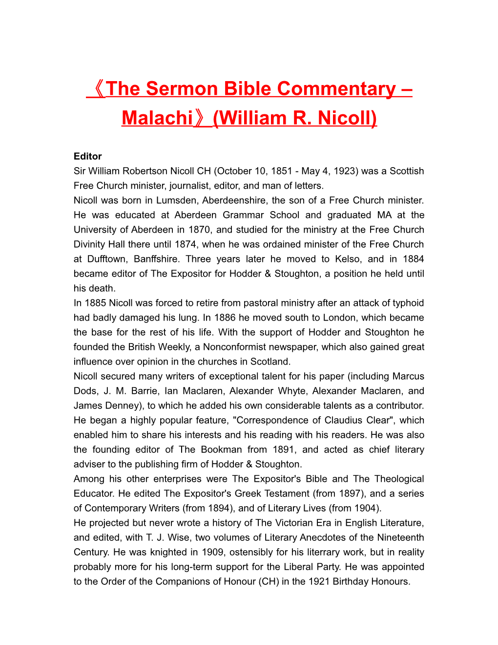 The Sermon Bible Commentary Malachi (William R. Nicoll)