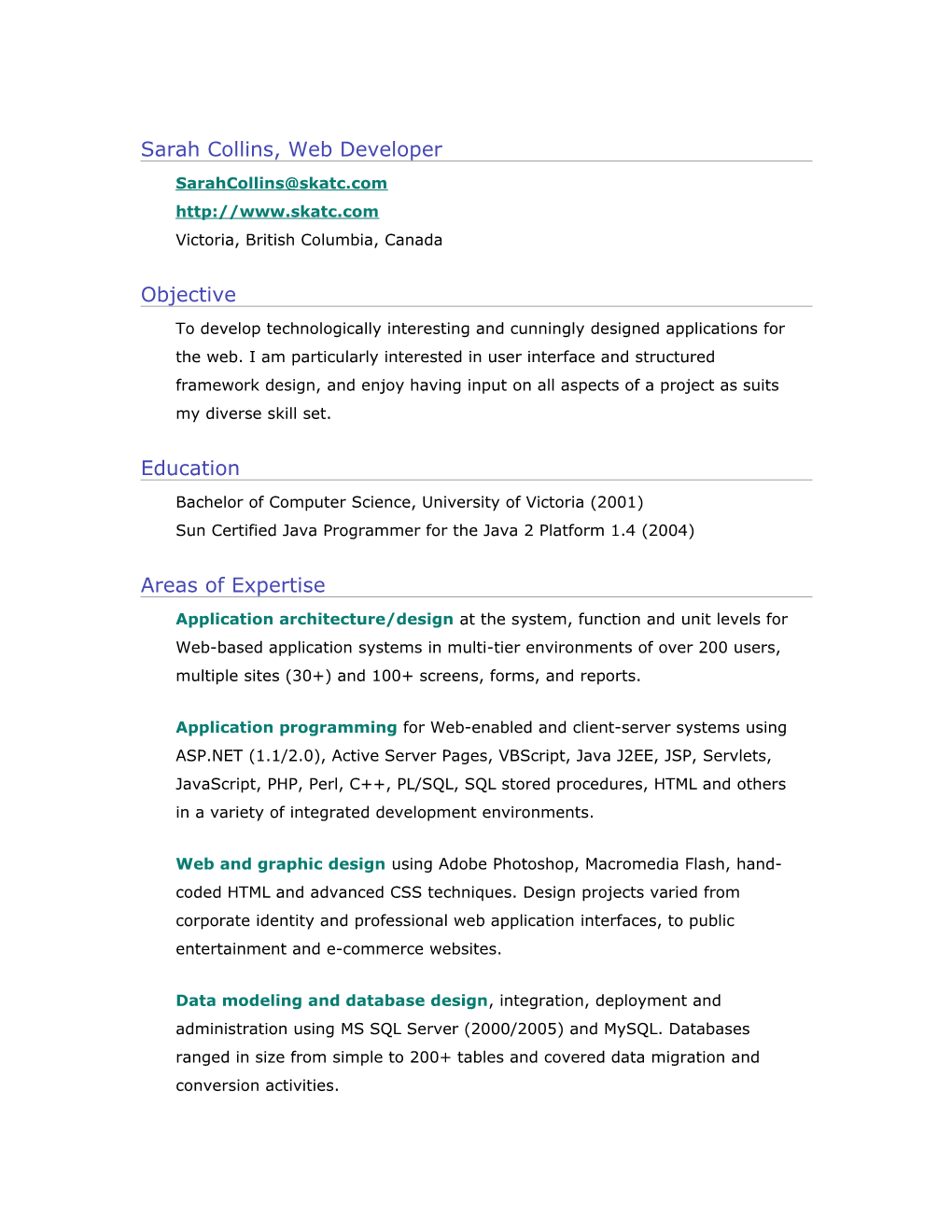 Resume of Sarah Collins, Web Developer