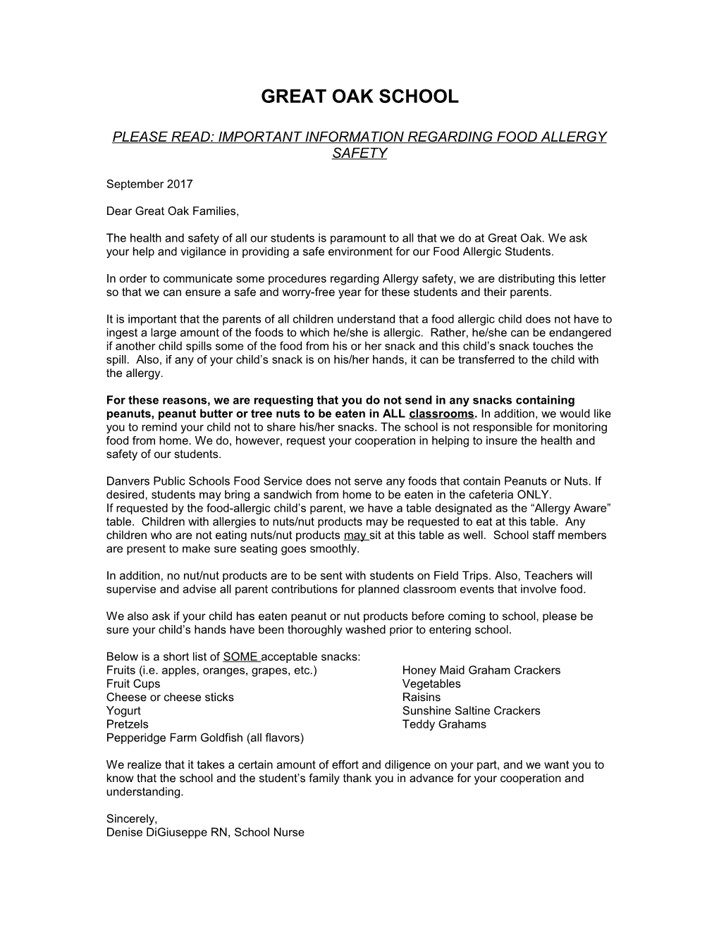 Please Read: Important Information Regarding Food Allergy Safety