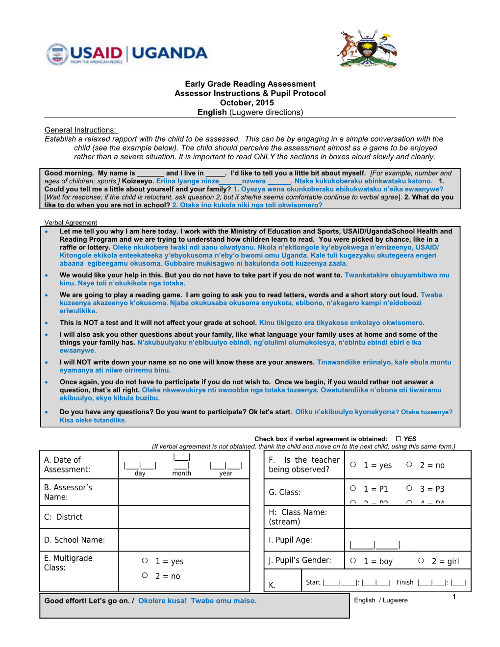 Instruments and Student Response Sheets