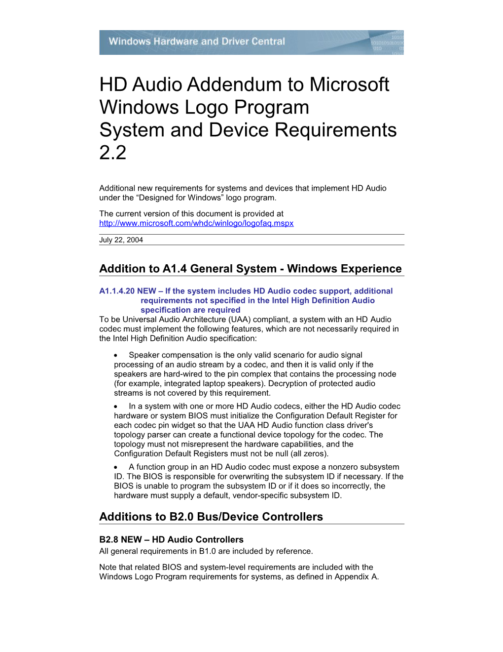 HD Audio Addendum to Microsoft Windows Logo Program System and Device Requirements 2.2