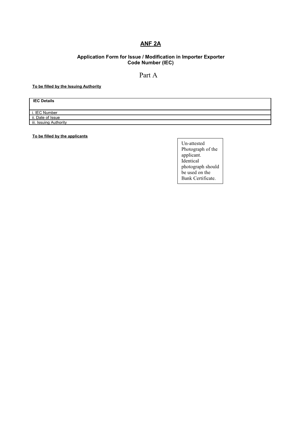 Application Form for Issue / Modification in Importer Exporter