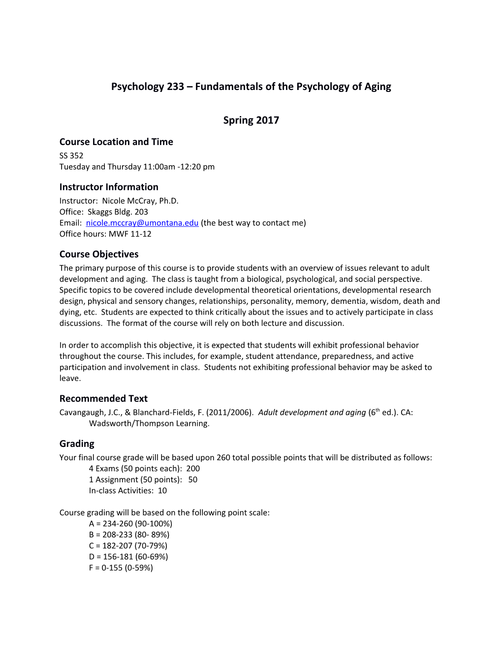 Psychology 233 Fundamentals of the Psychology of Aging