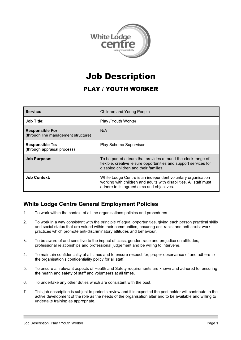 White Lodge Centre General Employment Policies