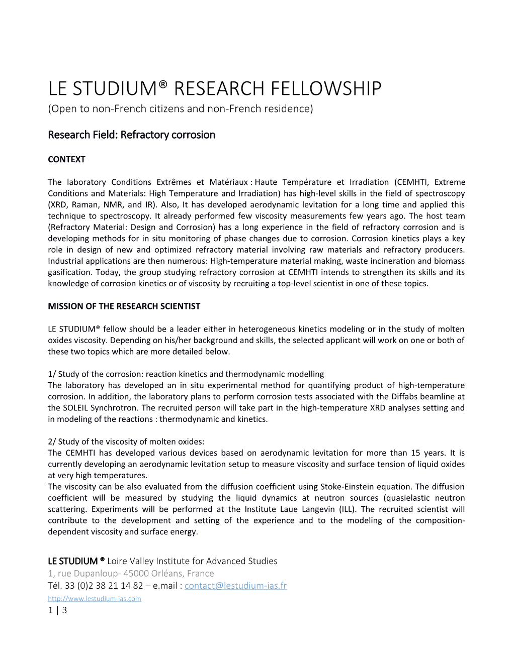 Le Studium Research Fellowship