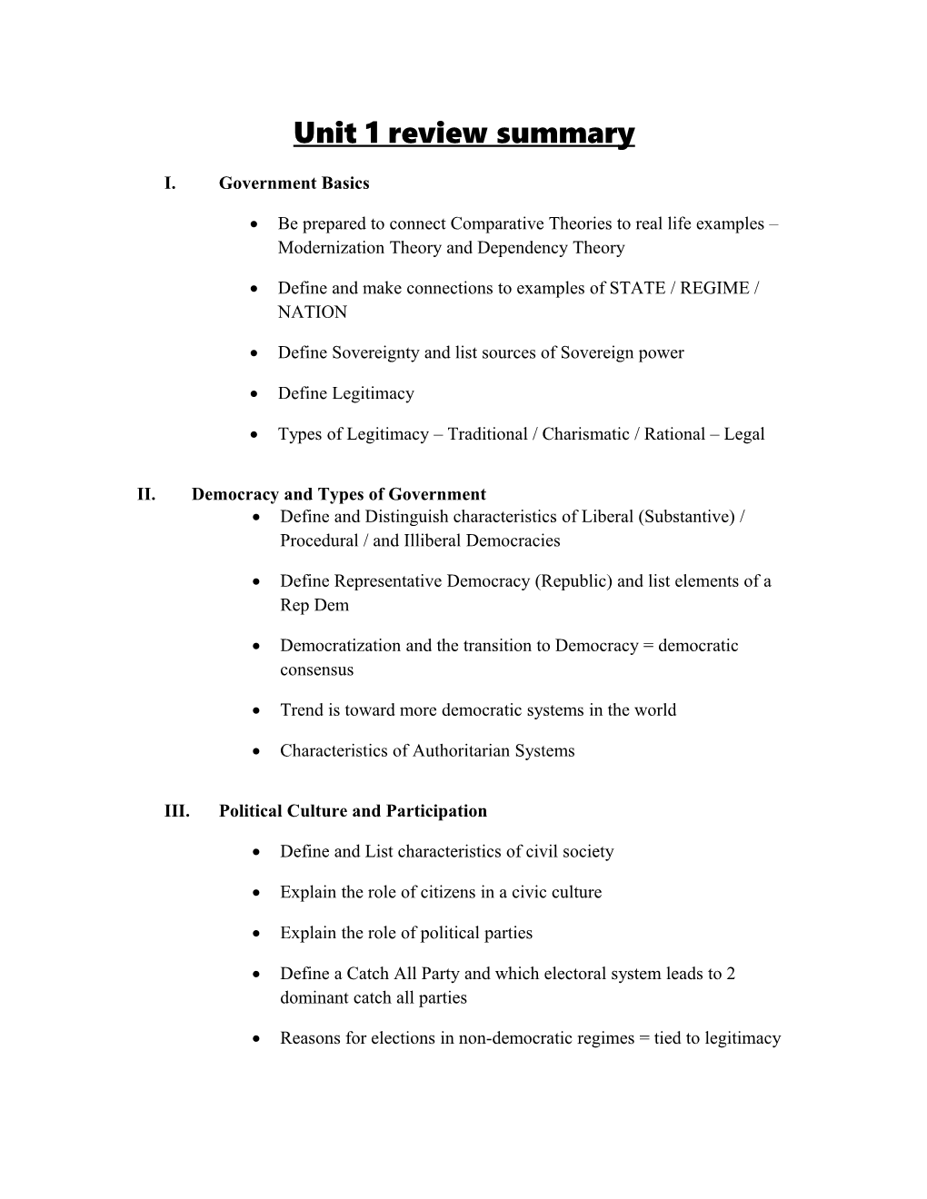 Unit 1 Review Summary