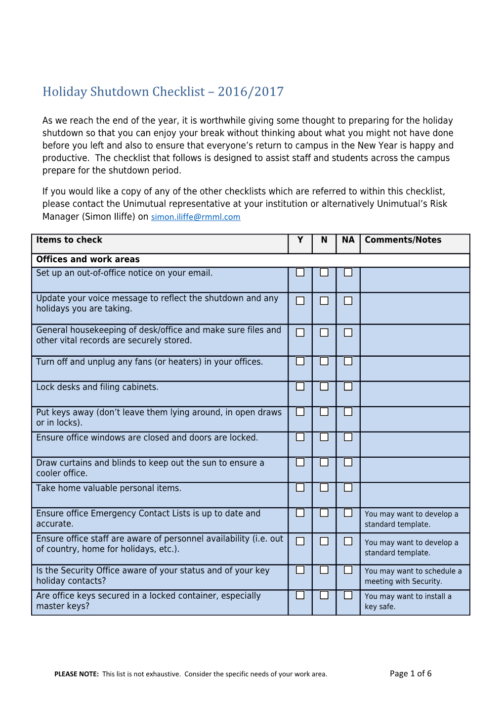 Holiday Shutdown Checklist 2016/2017