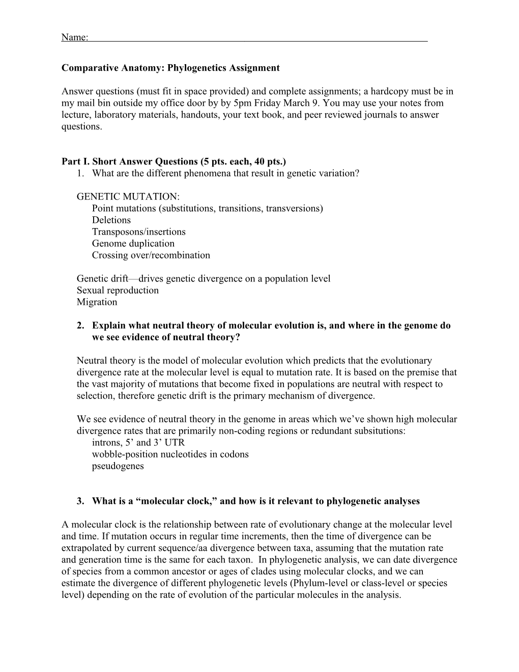 Comparative Anatomy: Phylogenetics Assignment