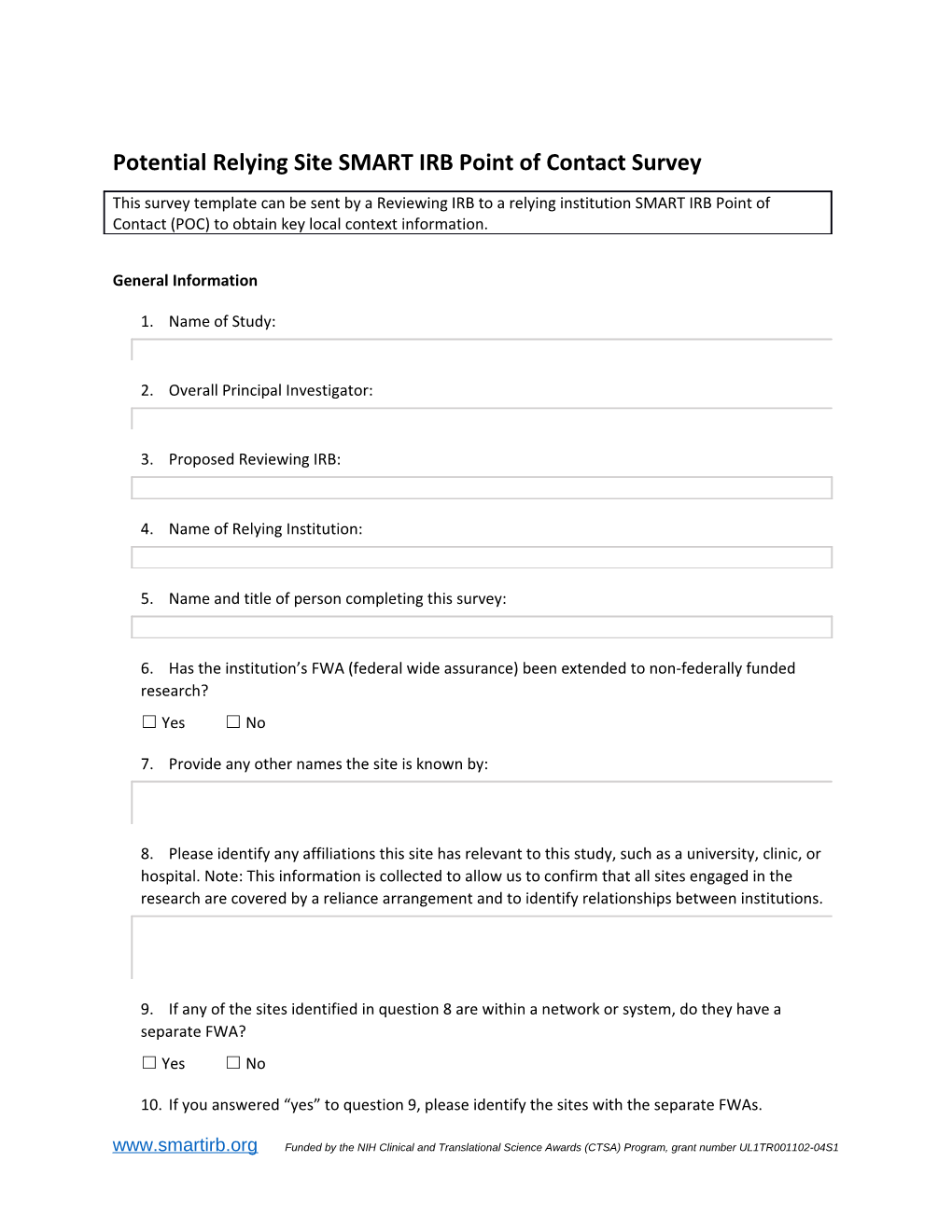 Potential Relying Site SMART IRB Point of Contact Survey