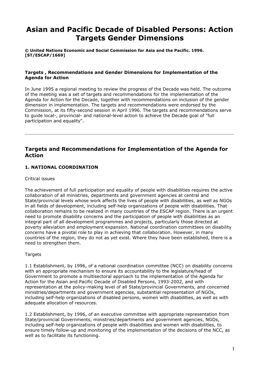 Asian and Pacific Decade of Disabled Persons: Action Targets Gender Dimensions