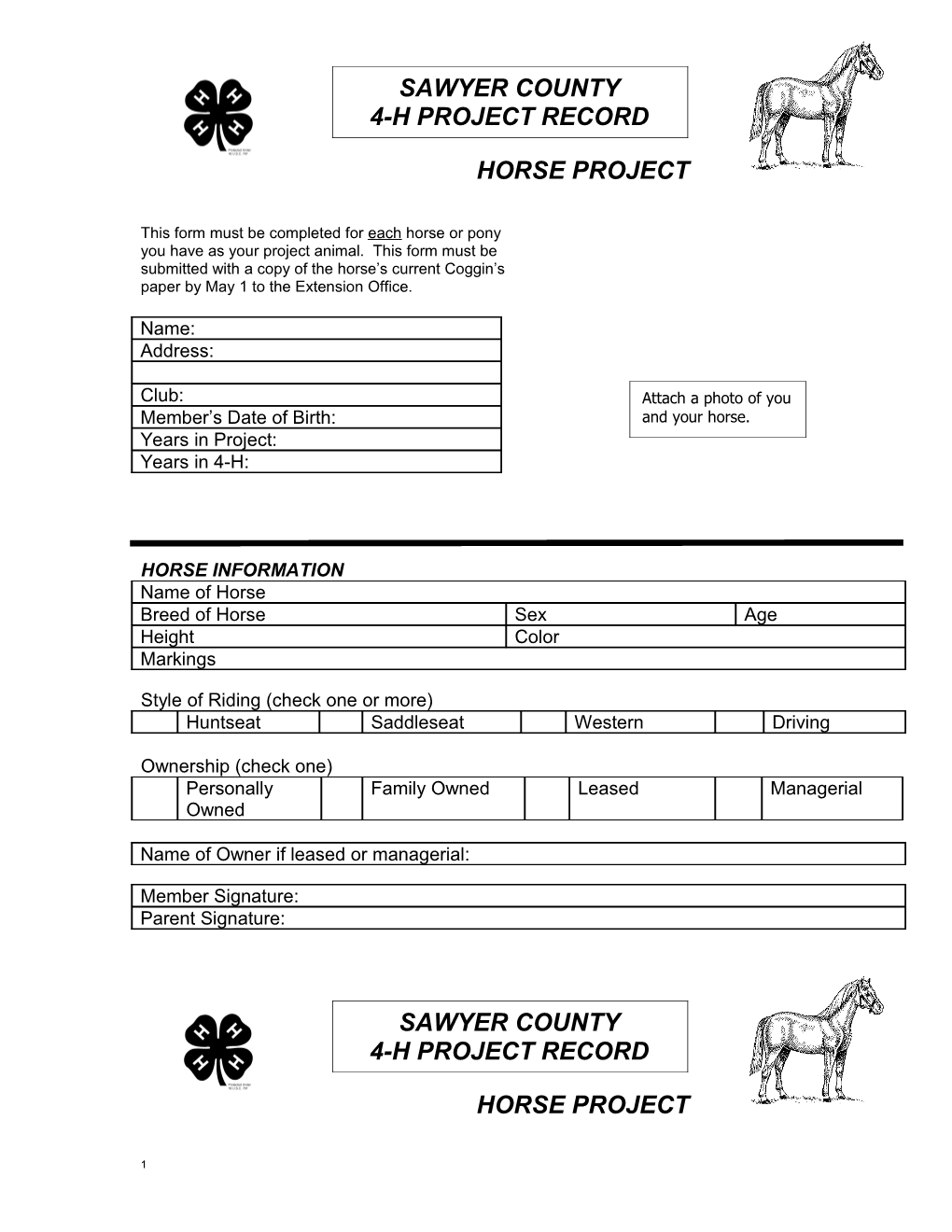 This Form Must Be Completed for Each Horse Or Pony