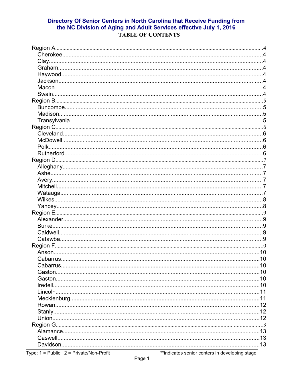 Directory of Senior Centers in North Carolina That Receive Funding From