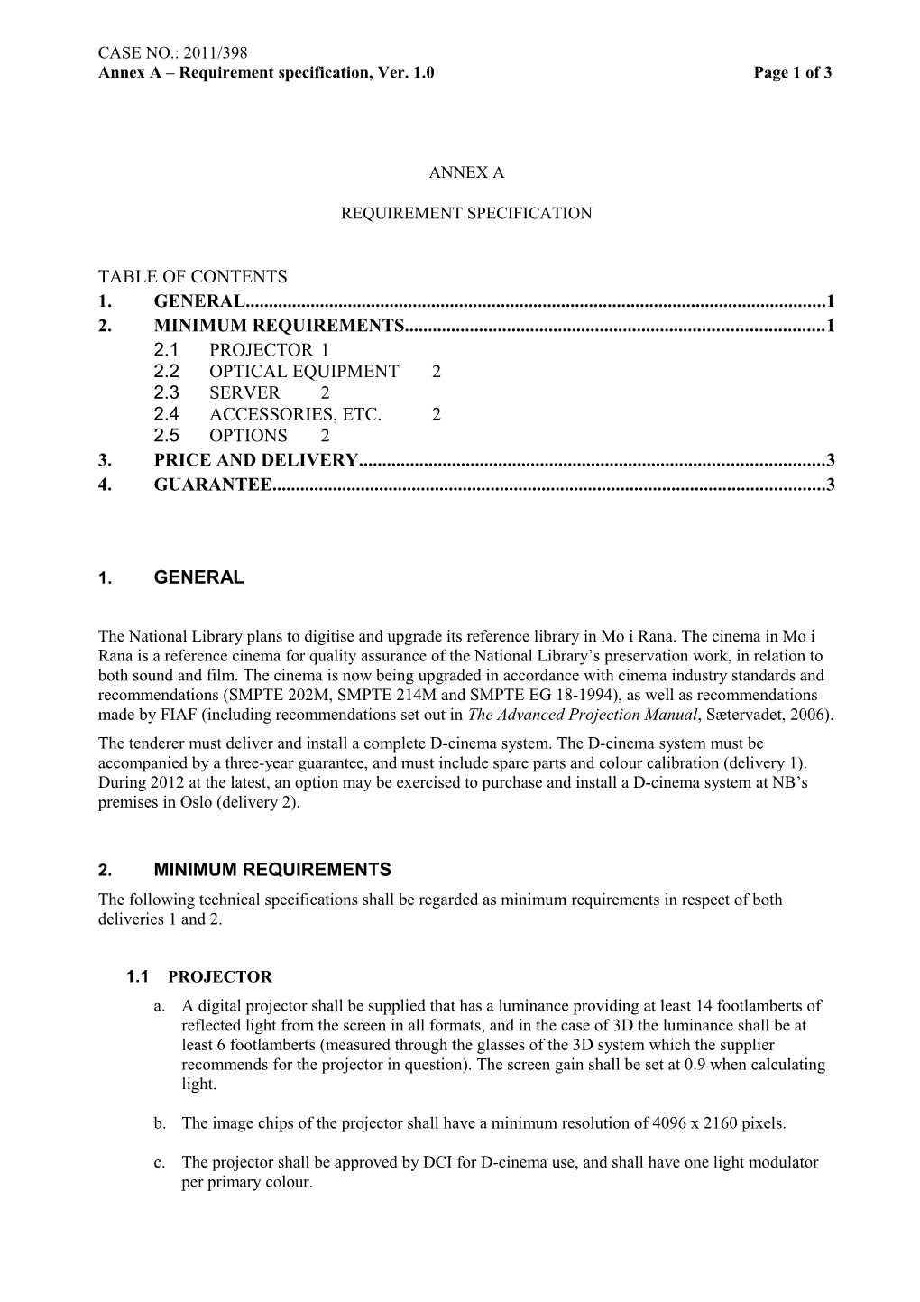 Annex a Requirement Specification, Ver. 1.0Page1of3