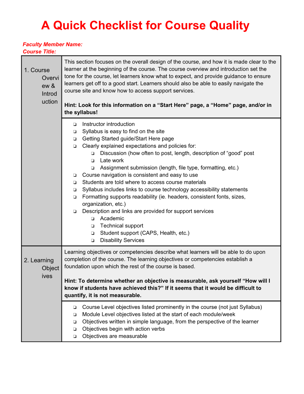 A Quick Checklist for Course Quality